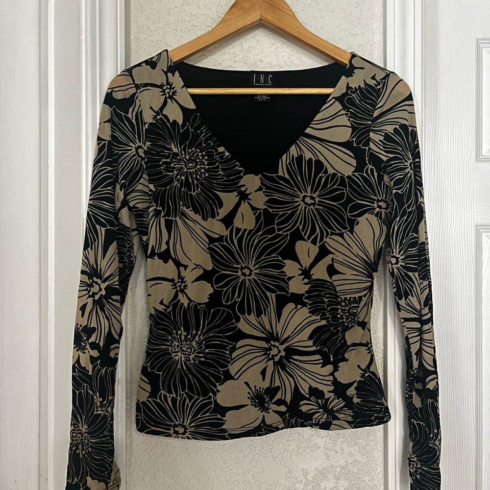 INC International Concepts Black and Tan Floral Blouse